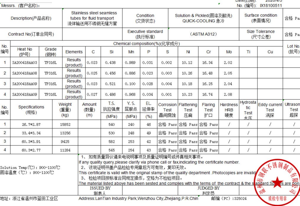 EN 10204 3.1 Material Test Certificate (MTC) EN 10204 3.1 Material Test Certificate (MTC)